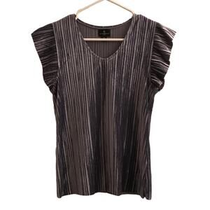 Worthington Ribbed Velour (Faux Velvet) Short Sleeve Gray Top Size Small Petite